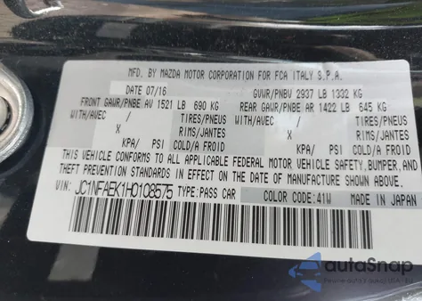 2017 Fiat 124 Spider Elaborazione Abarth from USA, damaged, VIN JC1NFAEK1H0108575